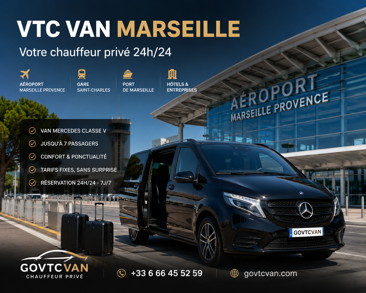 Mercedes Classe V GOVTCVAN devant la Gare Marseille Saint-Charles pour un transfert VTC avec chauffeur privé.
