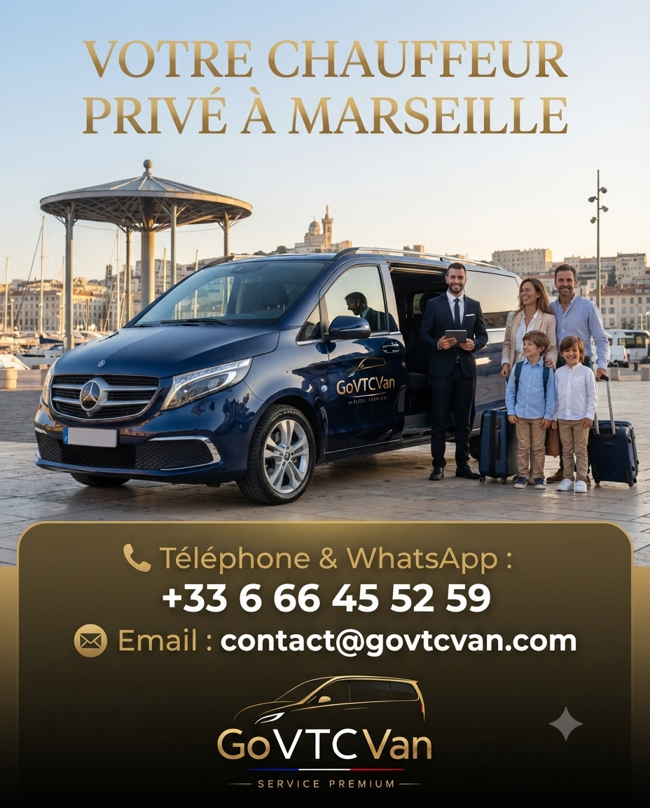 Mercedes Classe V GOVTCVAN devant le terminal de l'aéroport Marseille Provence pour un transfert VTC haut de gamme.