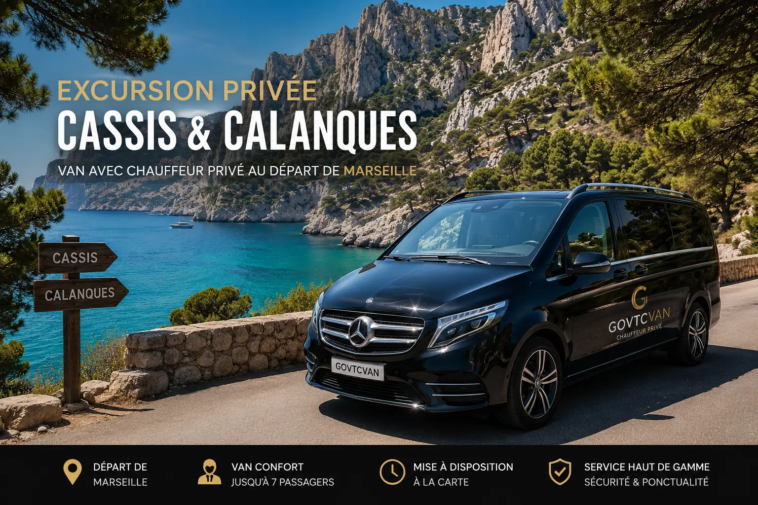 Van avec chauffeur privé GoVTCVan pour une excursion à Cassis et dans les Calanques depuis Marseille
